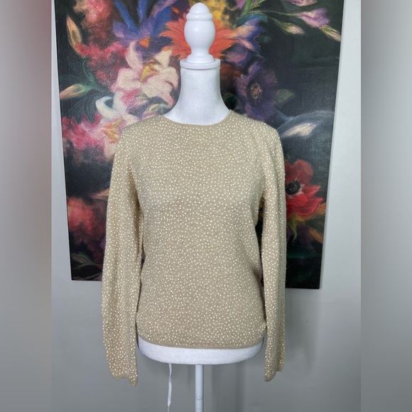 Vertical Design 2 ply cashmere Full Sequined Crewneck sweater Sz M Tan Holiday - Picture 1 of 10
